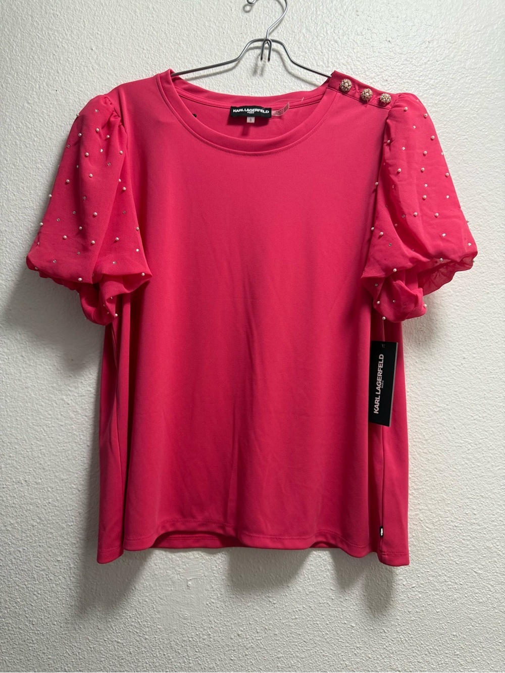 Karl Lagerfeld Shirt women size L Bright Pink Pearl-Studded Puff Sleeve Top - Picture 2 of 8